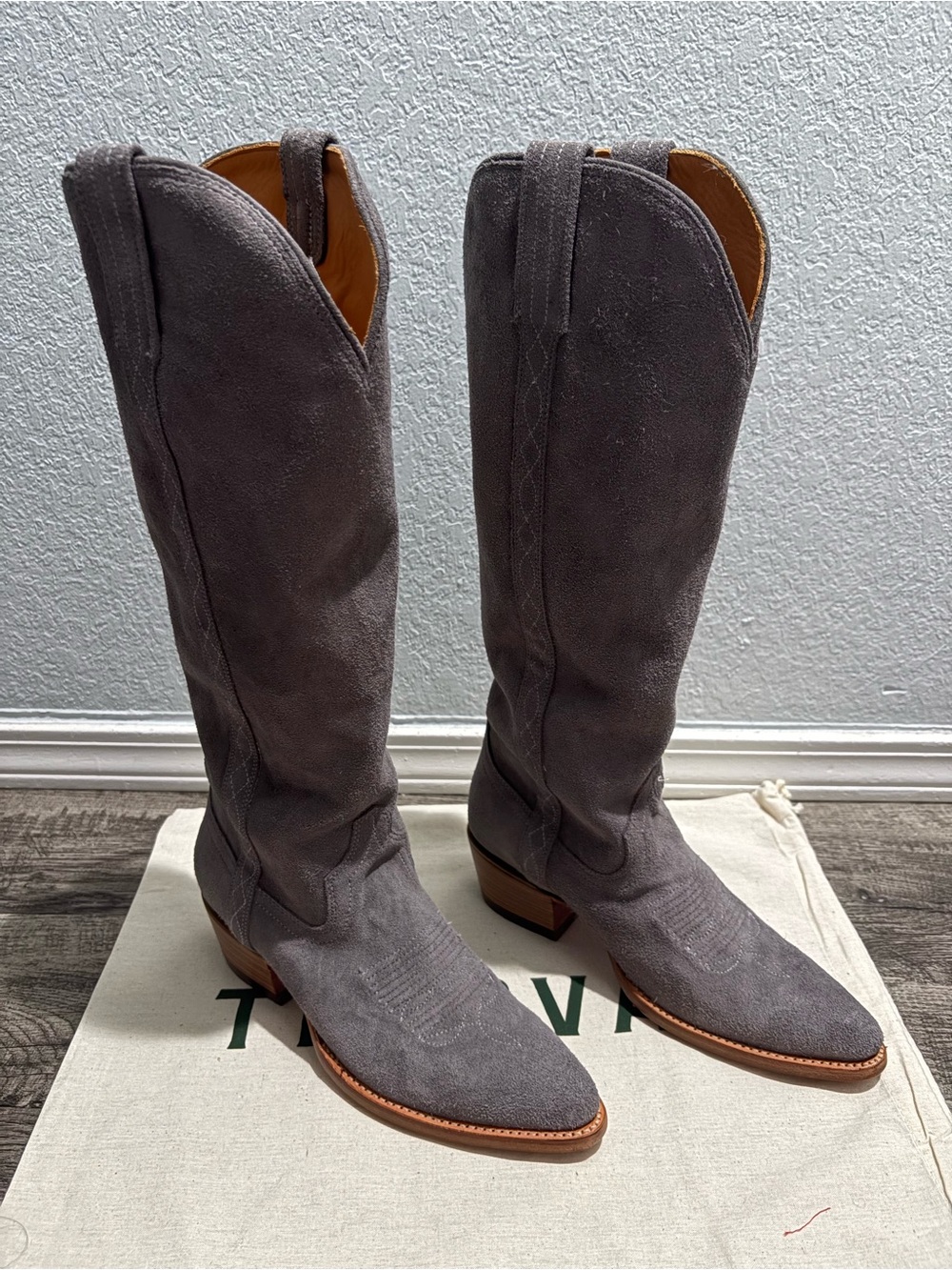 Tecovas Abby Cavalier Charcoal Gray Suede Knee-High Western Boots